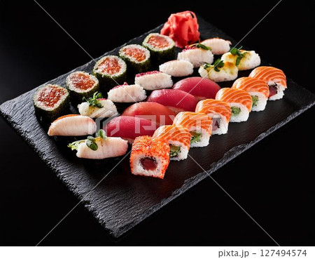 黒いスレートの上に盛り合わせたお寿司 黒いスレートの上に盛り合わせたお寿司 127494574