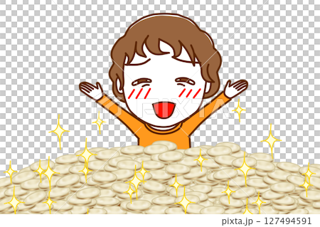 （上半身正面）コインの山に埋もれてウハウハなニヤけた顔をしている白人少年 127494591