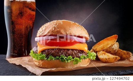 トマトとオニオンとチーズとパティとレタスのハンバーガーとコーラとポテト 127494702