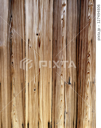 木製の板の背景素材。木目のしっかりしたアンティーク調の背景素材。戸板、壁板、厚板、床材、木材の床 127494806