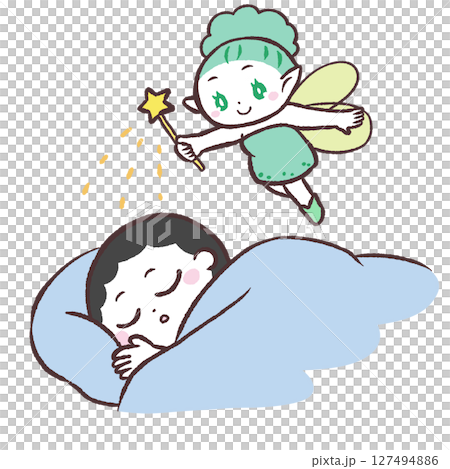 一個熟睡的男孩和一個仙女的插圖 一個熟睡的男孩和一個仙女的插圖 127494886