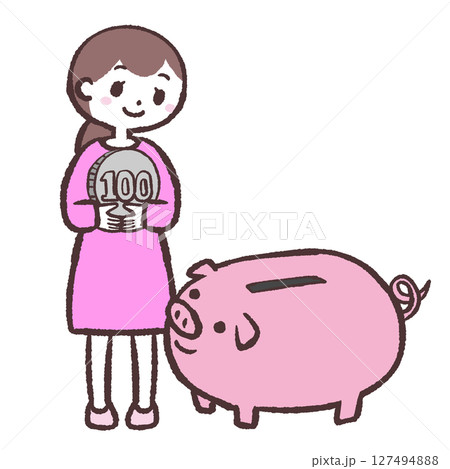 ブタの貯金箱の前でお金を持つ女性のイラスト ブタの貯金箱の前でお金を持つ女性のイラスト 127494888