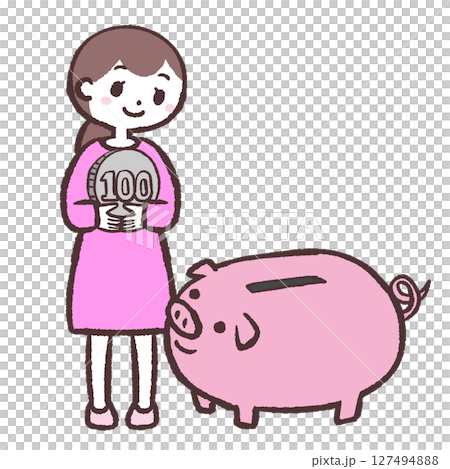 ブタの貯金箱の前でお金を持つ女性のイラスト ブタの貯金箱の前でお金を持つ女性のイラスト 127494888