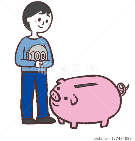ブタの貯金箱の前でお金を持つ男性のイラスト ブタの貯金箱の前でお金を持つ男性のイラスト 127494889