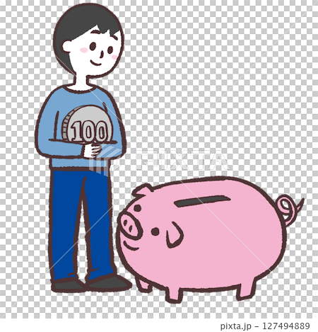 ブタの貯金箱の前でお金を持つ男性のイラスト ブタの貯金箱の前でお金を持つ男性のイラスト 127494889