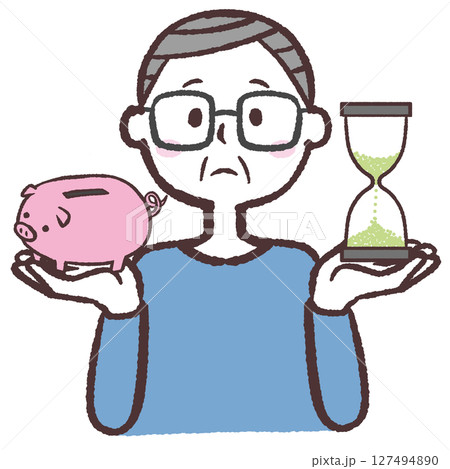 時間とお金を比較するシニア男性のイラスト 127494890