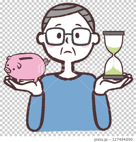 一位老人比較時間和金錢的插圖 一位老人比較時間和金錢的插圖 127494890