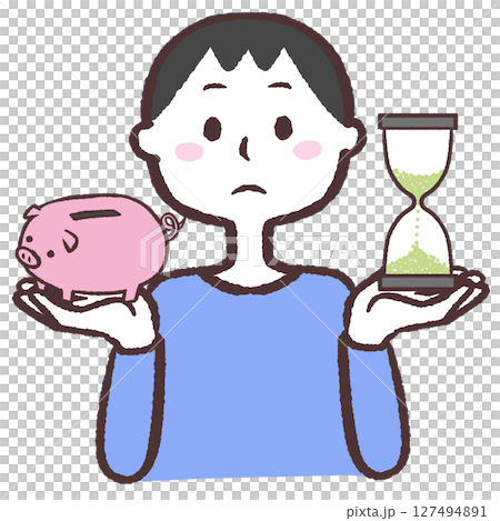 時間とお金を比較する男性のイラスト 時間とお金を比較する男性のイラスト 127494891