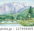手描きした白馬山と田園風景の水彩画 127494905