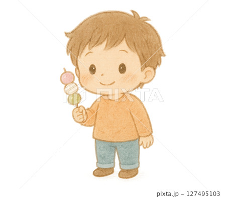 お団子を持った男性（デフォルメイラスト） 127495103