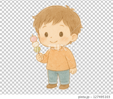 お団子を持った男性（デフォルメイラスト） 127495103