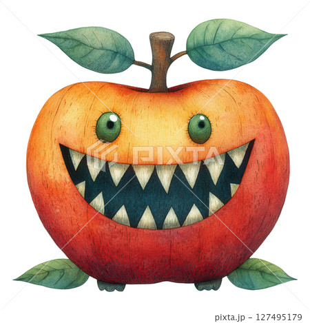 Cute monster apple with sharp teeth and green eyes smiling happily 127495179