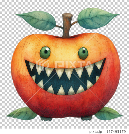 Cute monster apple with sharp teeth and green eyes smiling happily 127495179