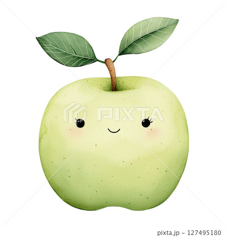 Cute green apple with smiling face and leaves on stem, happy fruit illustration 127495180