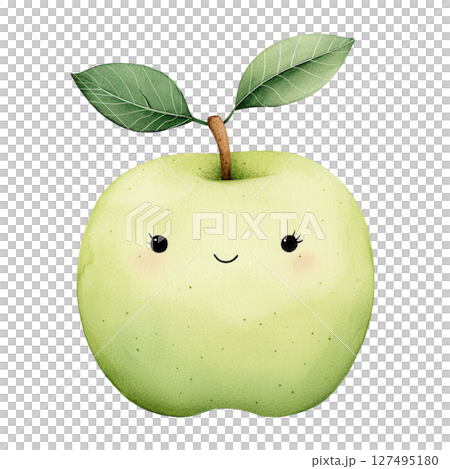 Cute green apple with smiling face and leaves on stem, happy fruit illustration 127495180