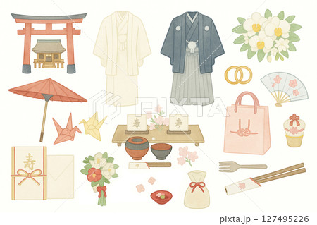 やさしい水彩風の和風結婚式のイラストセット 127495226