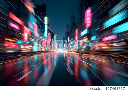 ネオンに染まるサイバーパンク都市を疾走する夜のドライブのモーションブラー ネオンに染まるサイバーパンク都市を疾走する夜のドライブのモーションブラー 127495267