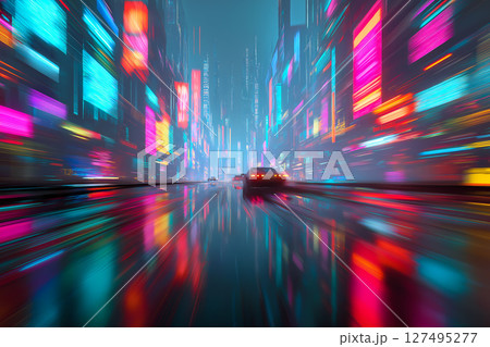 ネオンに染まるサイバーパンク都市を疾走する夜のドライブのモーションブラー 127495277
