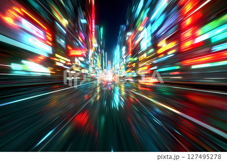 ネオンに染まるサイバーパンク都市を疾走する夜のドライブのモーションブラー 127495278
