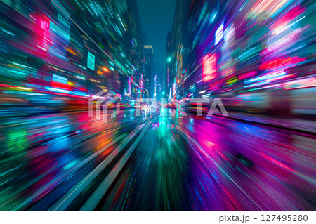 ネオンに染まるサイバーパンク都市を疾走する夜のドライブのモーションブラー 127495280