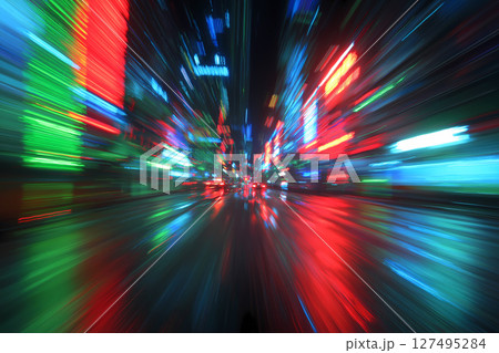 ネオンに染まるサイバーパンク都市を疾走する夜のドライブのモーションブラー ネオンに染まるサイバーパンク都市を疾走する夜のドライブのモーションブラー 127495284