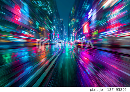 ネオンに染まるサイバーパンク都市を疾走する夜のドライブのモーションブラー 127495293