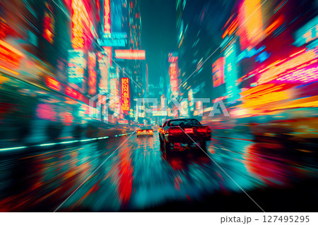 ネオンに染まるサイバーパンク都市を疾走する夜のドライブのモーションブラー ネオンに染まるサイバーパンク都市を疾走する夜のドライブのモーションブラー 127495295