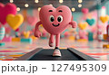 3D cartoon heart character with big eyes runs on treadmill, wearing sneakers in pastel background 127495309
