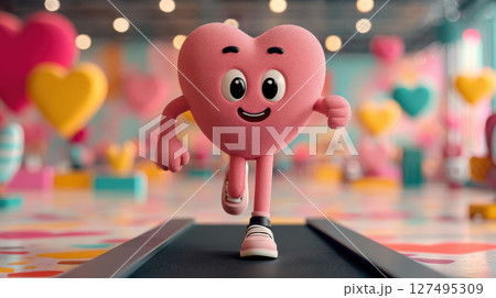 3D cartoon heart character with big eyes runs on treadmill, wearing sneakers in pastel background 127495309