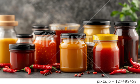 Variety of glass jars and bottles containing hot pepper chilli sauces, background 127495458