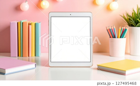 《AI画像》Z世代をイメージしたパステルカラーの背景とタブレット端末 127495468