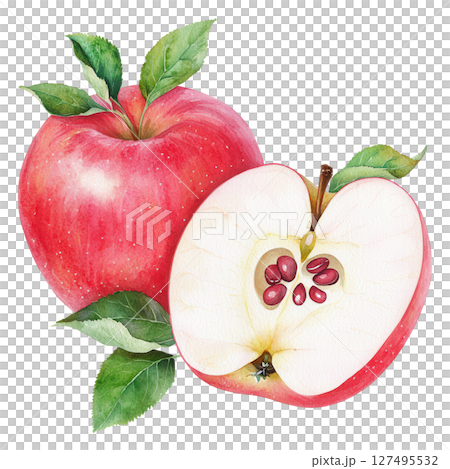 Red apple with green leaves and sliced half showing seeds, fresh and natural fruit Red apple with green leaves and sliced half showing seeds, fresh and natural fruit 127495532