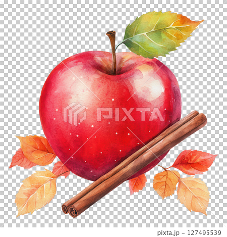 Vibrant red apple with cinnamon sticks and colorful autumn leaves creating warm seasonal feel 127495539