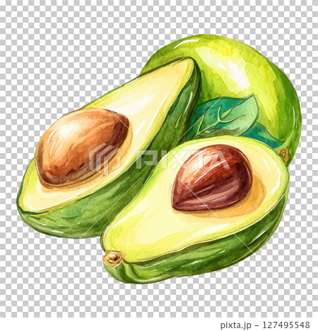 Avocado fruit with creamy texture and seed, fresh green color and leaf detail 127495548