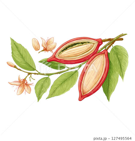 Cacao pod with seeds and green leaves on branch with flowers in natural style 127495564