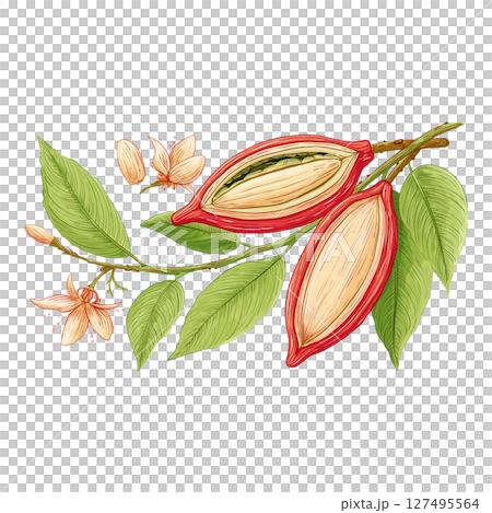 Cacao pod with seeds and green leaves on branch with flowers in natural style 127495564