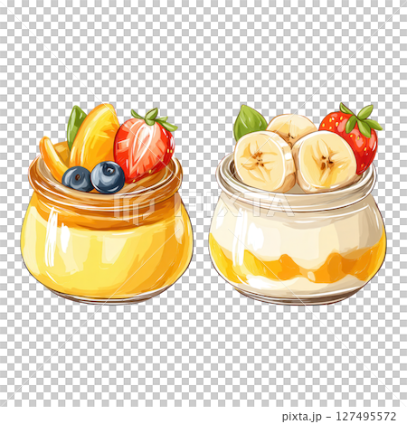 Two jars of creamy pudding topped with fresh fruit slices and berries, colorful and appetizing 127495572