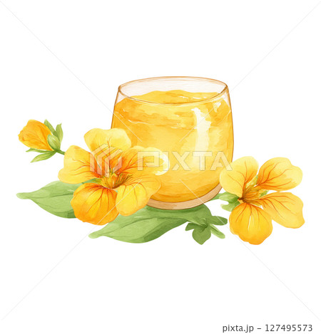 Yellow flower with green leaf and glass cup filled with yellow creamy dessert Yellow flower with green leaf and glass cup filled with yellow creamy dessert 127495573