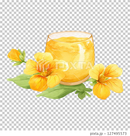 Yellow flower with green leaf and glass cup filled with yellow creamy dessert Yellow flower with green leaf and glass cup filled with yellow creamy dessert 127495573