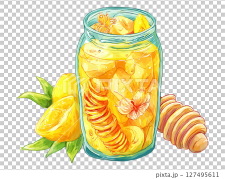 Fermented drink with lemon and ginger in glass jar with fresh lemon and ginger root 127495611