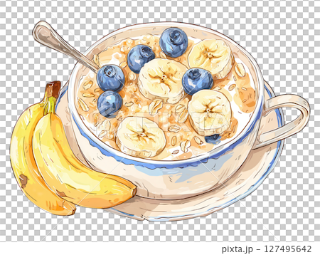 Oatmeal bowl with banana slices and blueberries served with fresh bananas for breakfast 127495642