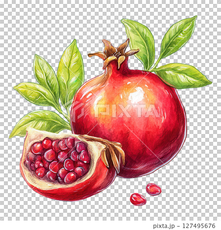 Pomegranate fruit with green leaves and juicy red seeds in natural watercolor style Pomegranate fruit with green leaves and juicy red seeds in natural watercolor style 127495676