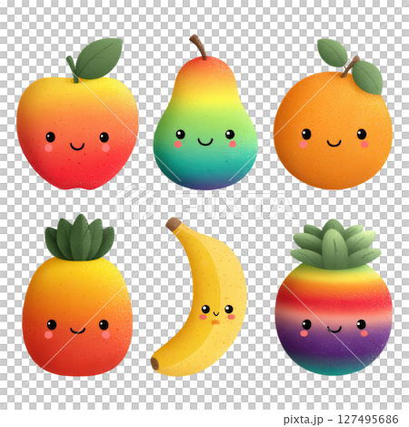 Cute smiling fruits with faces in rainbow colors and bright shades Cute smiling fruits with faces in rainbow colors and bright shades 127495686