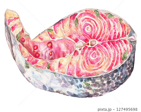 Salmon steak with herbs and spices painted watercolor style, fresh and vibrant food illustration 127495698