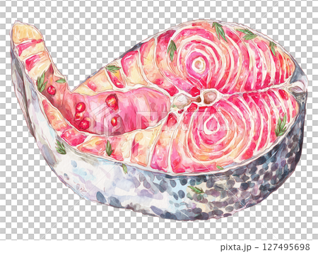Salmon steak with herbs and spices painted watercolor style, fresh and vibrant food illustration 127495698