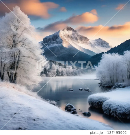 winter landscape with lake and mountains 127495992