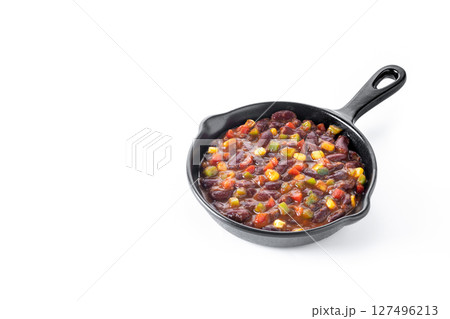 Mexican chilli beans with vegetables isolated on white background Mexican chilli beans with vegetables isolated on white background 127496213
