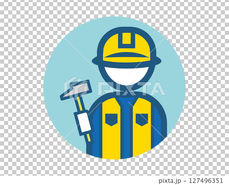 工匠手持錘子的簡單圓形彩色插圖圖標 127496351