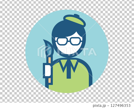 圓形、簡單、色彩鮮豔的畫家手持畫筆的插圖圖標 127496353