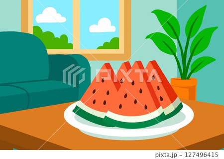 夏のリビングとカットされたスイカのイラスト 127496415